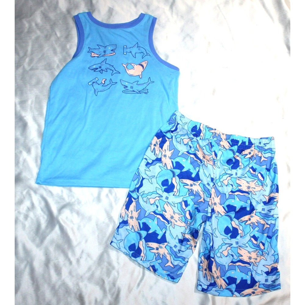 CAT & JACK Boys' Sz 8-10 2-PIECE SUMMER PAJAMAS (Blue Sharks; Tank & Shorts)